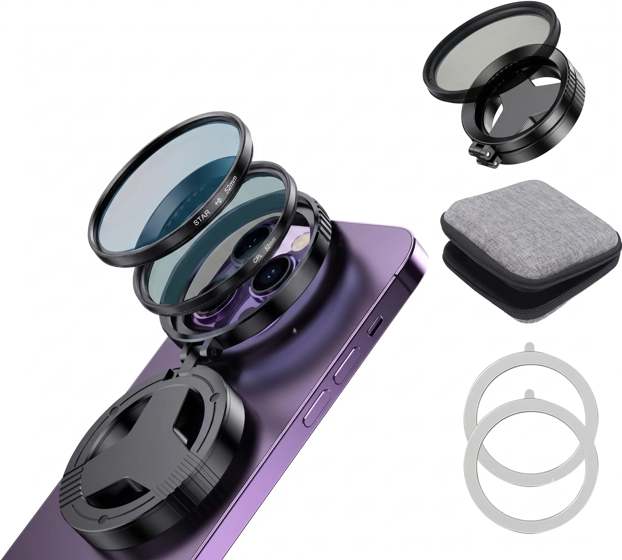 The ultimate tool for outdoor photography: a filter that eliminates glare and enhances colors—52mm magnetic CPL polarizing filter kit for smartphones, compatible with a wide range of models.