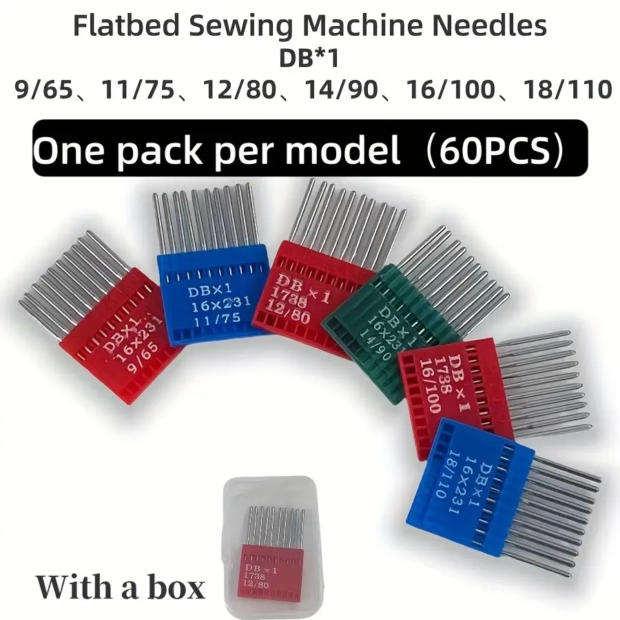 60pcs Industrial Steel Sewing Needles Set - 6 Sizes (9/65\11/75\12/80\14/90\16/100\18/110) 10pcs Each | Heavy Duty for Leather, Denim | Flatbed Machine Compatible Sewing Tools