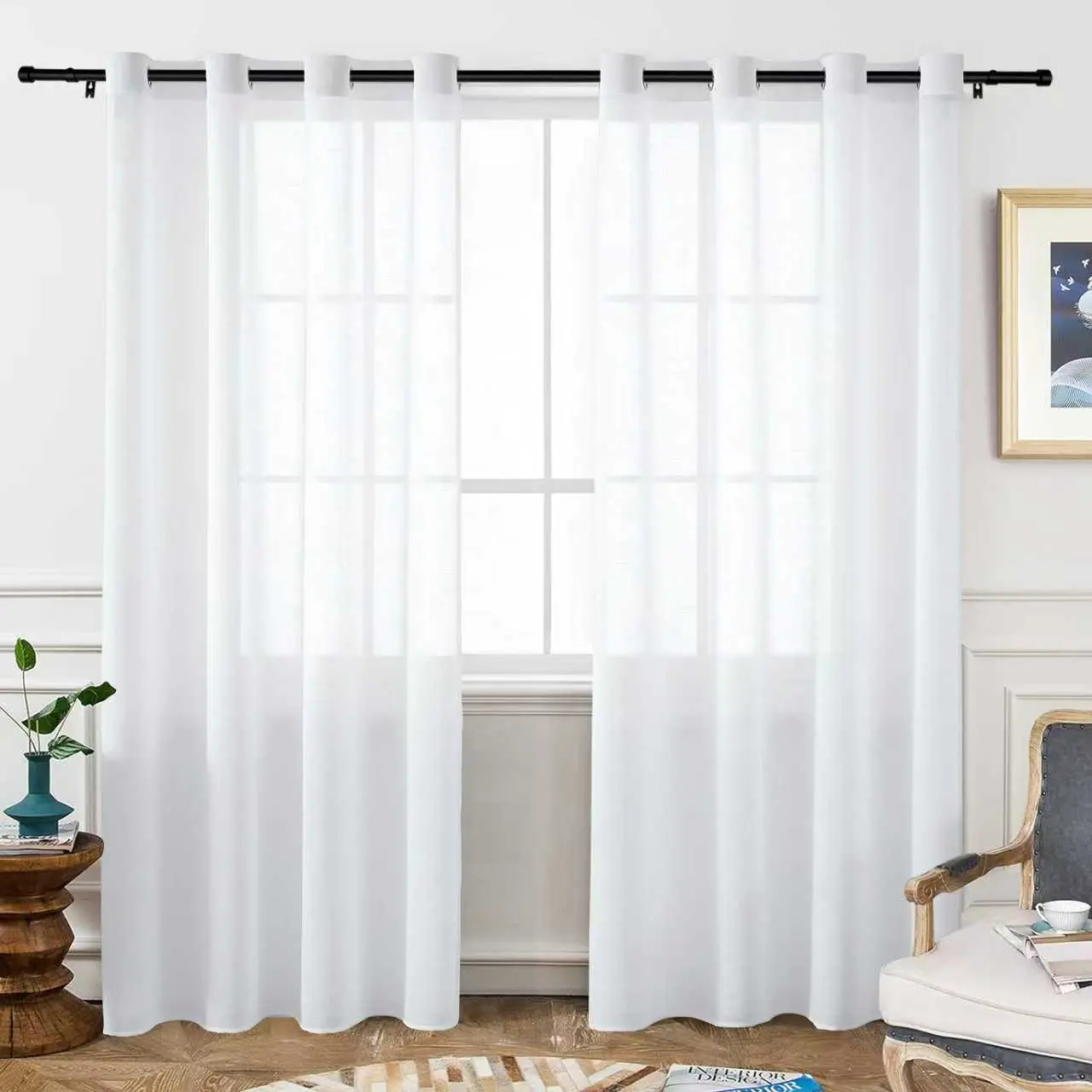 2PC White Semi-Transparent Sheer Grommet Curtains - W52 x L84 Each, Airy Gauze Light Filtering Curtains, Living Room Decor Accessory, Aesthetic Room Decor for Clean Look