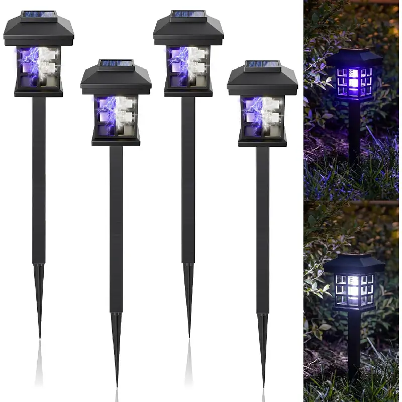 4 Pcs Solar Bug Zapper Outdoor Waterproof 2 in 1 Mosquito Zapper Solar Powered Mosquito Fly Trap Repellent Lamp Kills Bugs LED Lamp with White Purple Light for Garden Patio Yard Lawn (Black)