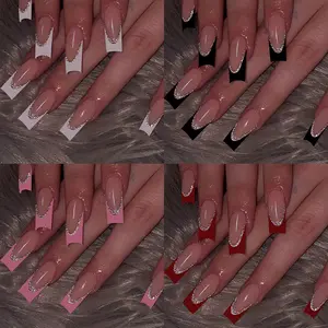96pcs Medium Square Acrylic Nail Tips Set, Pressed On Nails, Fake Nails Extensions, Press On Sets, Nail Art Supplies, Glossy Finish, French Heart Design, Includes Storage Box, Perfect for Women and Girls