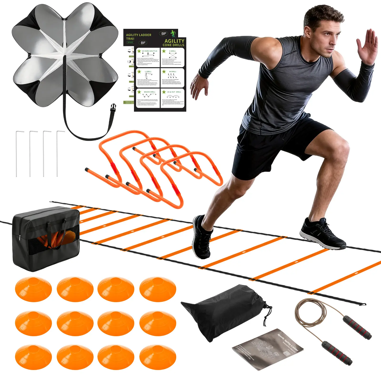 Sweetcrispy Agility Ladder Training Set - Athlete Training Kit with Speed Parachute, Hurdles, Cones, Jump Rope for Agility Building and Athletic Speed & Coordination Workouts, Agility Training