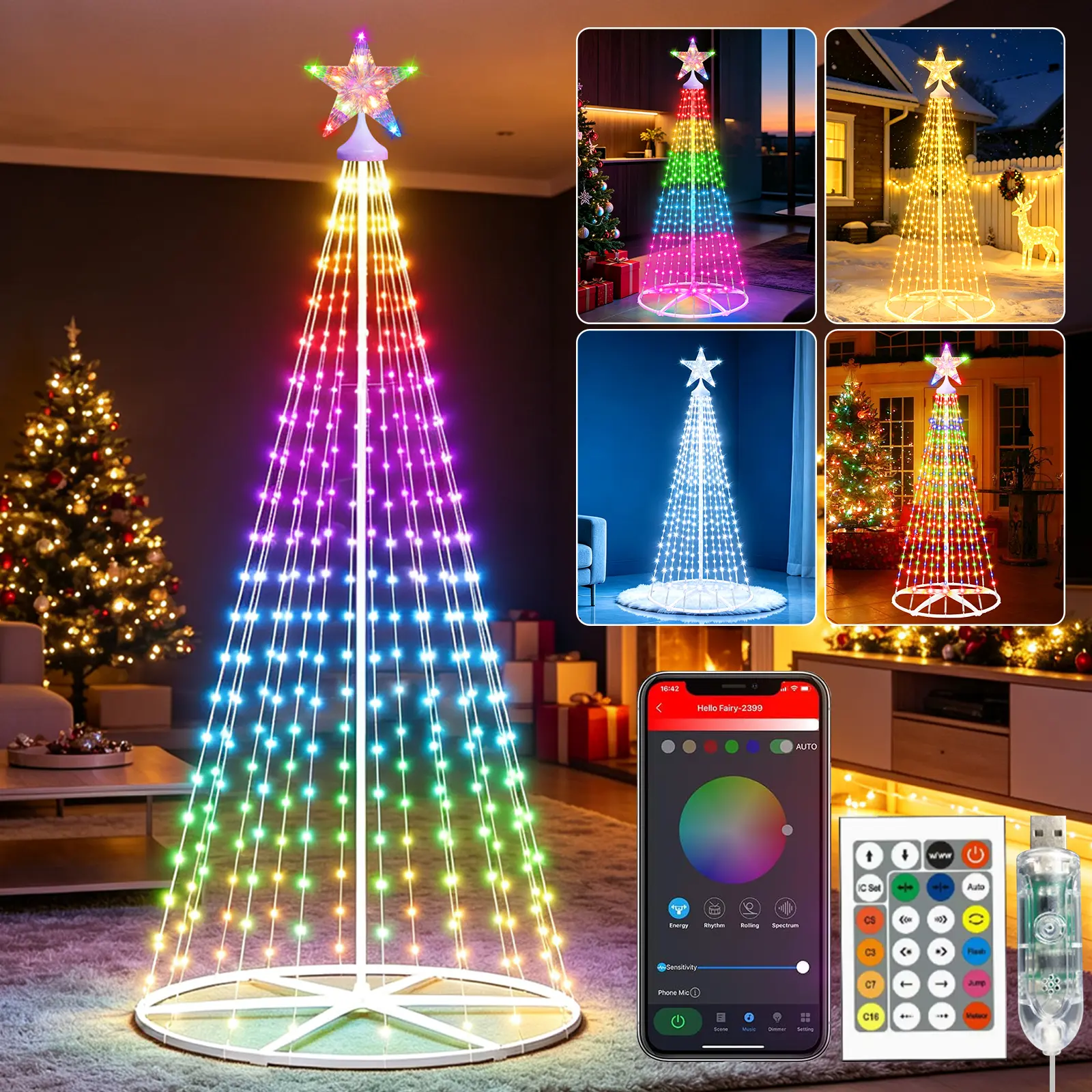 6.23FT Freestanding Christmas Tree-Shaped LED Lights with Star Topper, RGB Color Changing, App & Remote Control, Music Sync, USB Powered, IP65 Waterproof, for Parties & Front-Door Home Improvement Decor, Single Unit