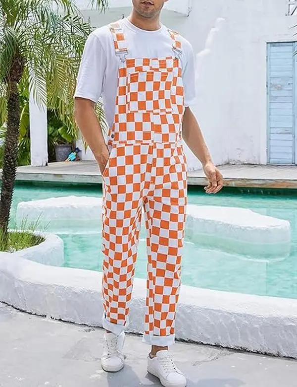 OPDNBON Checkered Overalls Stretch Denim Football Game Day Outfit | Halloween Christmas Fall Festival Fashion Jumpsuit Bib Coveralls Menswear