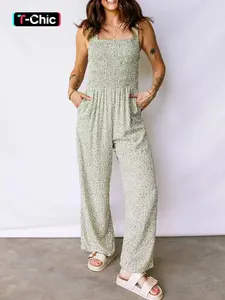 Summer Casual Ruched Top Square Neck Sleeveless Ditsy Floral Printed Long Pants Straight Leg Jumpsuit, Casual Comfy Jumpsuit, Women's Fashion One-Piece, Comfortable and Stylish Outfit