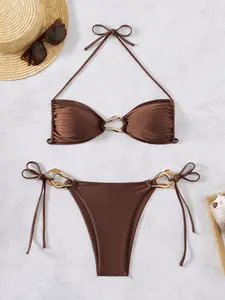 Women's Brown 2-Piece Halter Bathing Suit - Nylon-Polyamide Blend Halter Neck Bikini Top with Bow Accent, V-Neck Cut, Plain Design for Summer Beachwear