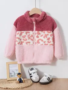 1pcsGirls' Fall & Winter Leopard Print Fitted Long Sleeve Coat, Casual Warm Fuzzy Jacket for Kids, Stylish Princess Design Outerwear