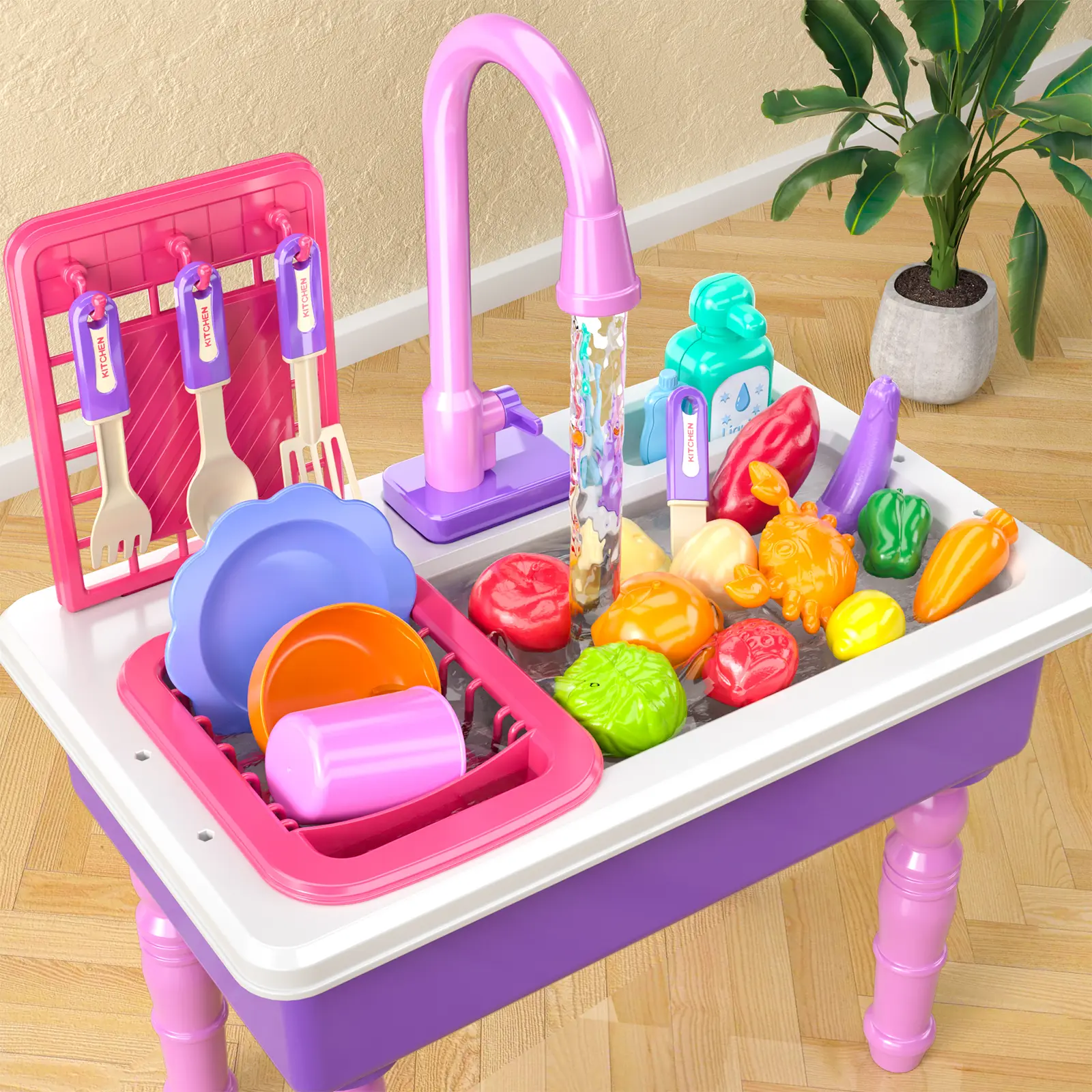 Kids' Fun Color-Changing Water Sink with Color-Changing Water System, Dish, Ready-to-Play Kitchen & Food Toys, All Seasons Indoor-Outdoor Role-Playing Toy, Fosters Creativity, Ideal Christmas/Birthday Gift Spoon, Colorful