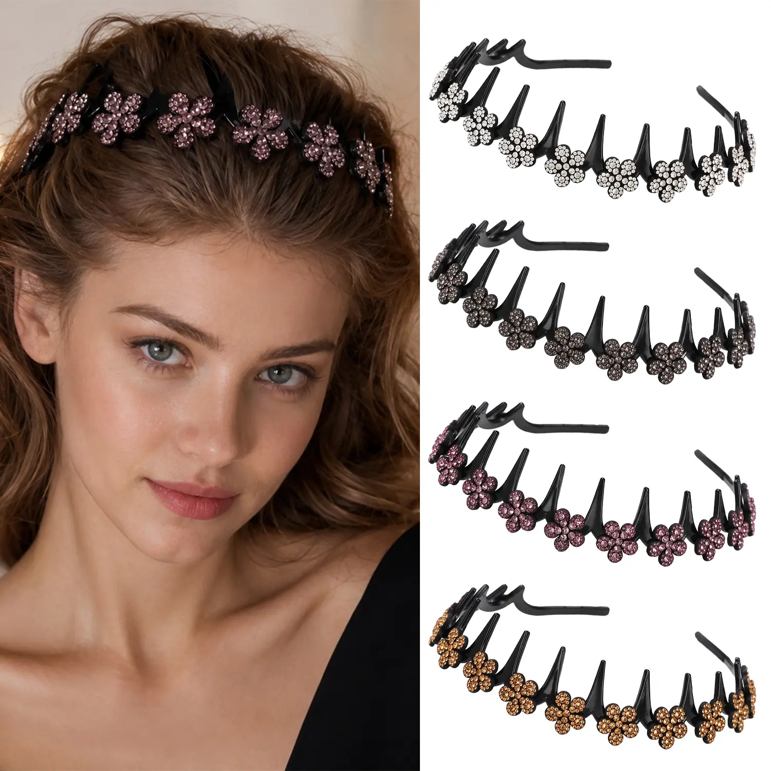 4 Pack Sparkly Flower Rhinestone Headbands for Women, Non-Slip Metal Hair Accessories for Parties, Weddings & Everyday Wear