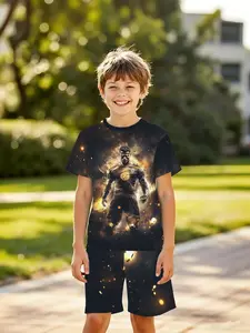 Men's Gold Flame Football Jersey Set, Casual Fitted Short Sleeve Shorts Two-Piece, Fashion Outdoor Sports Gift