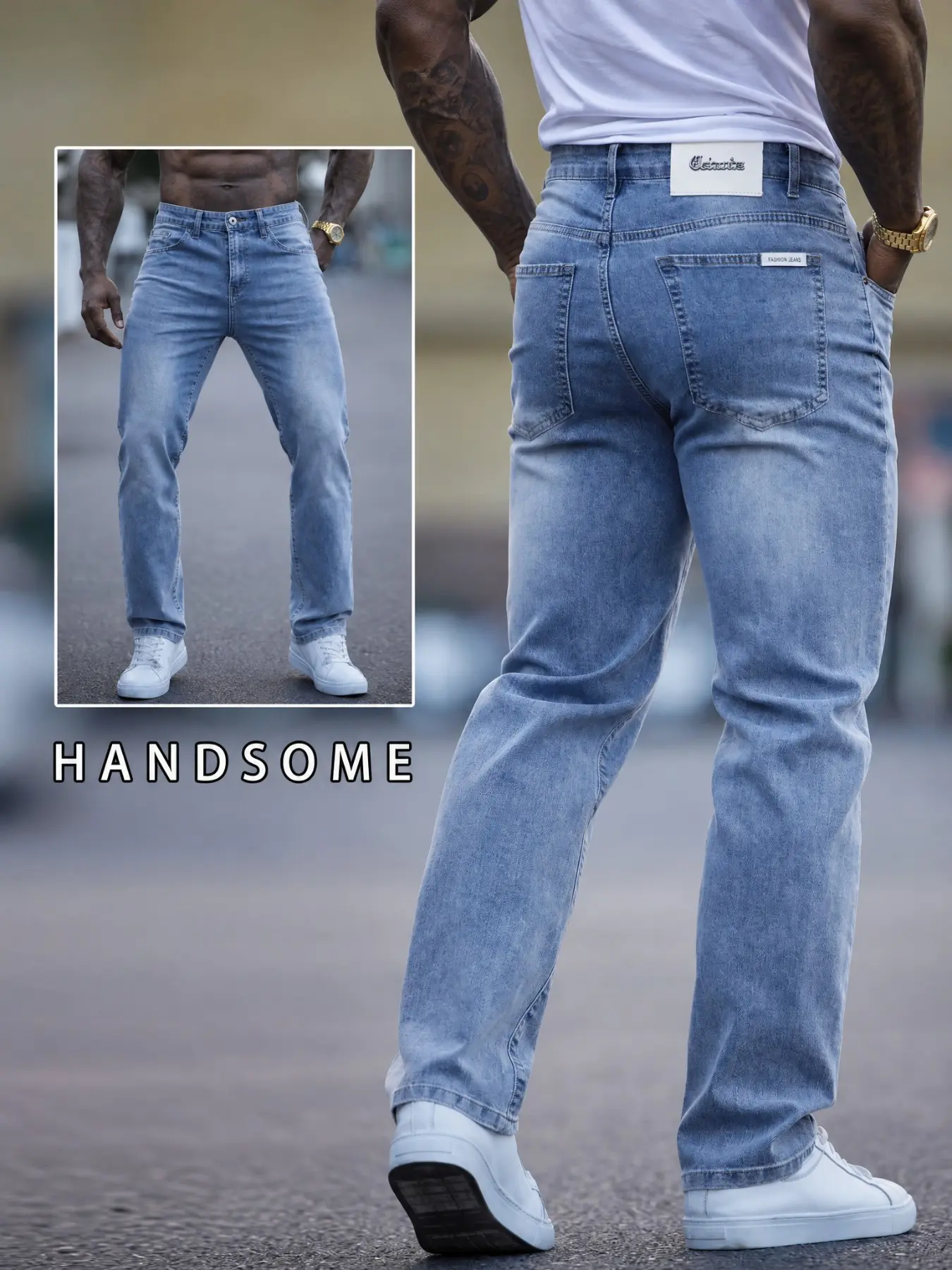 Men's Summer Lightweight Breathable Straight Leg Jeans, Light Blue Elastic Denim Jeans, Vintage Washed Thin Daily Casual Classic Menswear Jeans, Pants