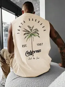 Men's Regular Fit Letter & Palm Tree Print Tank Top, Casual Sleeveless Top for Summer, Men's Clothes for Daily Wear