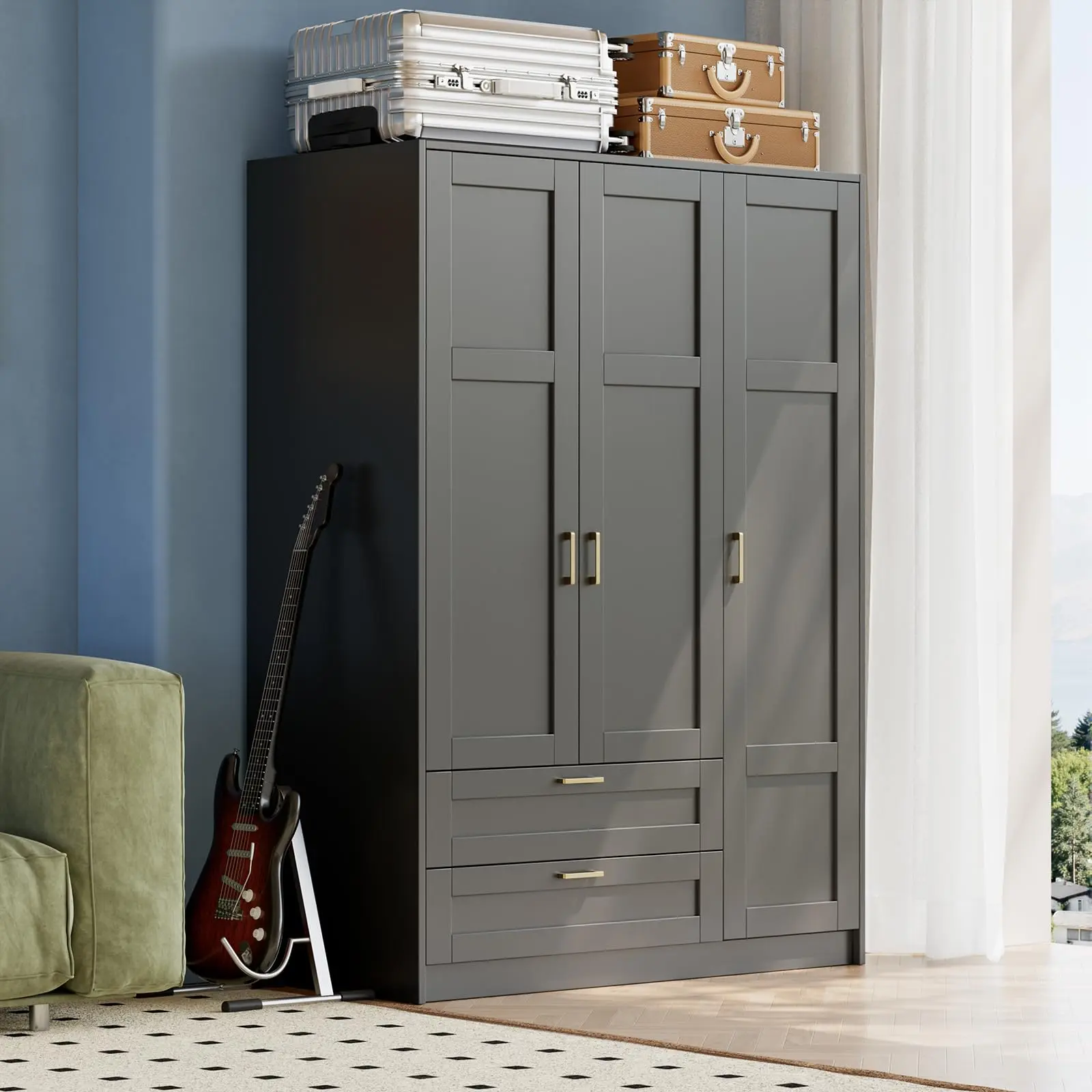 66-in Sturdy Freestanding Wood Finish Wardrobe Closet - 3-Door Wooden Armoire, 2 Drawers, 3 Shelves, Hanging Rod, Wood Closet System, Large Storage Capacity for Bedroom, Cloak Room, Large Capacity
