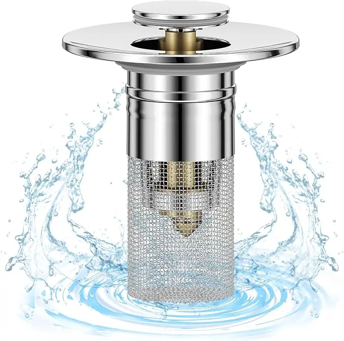 Durable Brass Universal-Fit Pop-Up Sink Drain Protector with ABS & Stainless Steel Filter Basket for Bathroom Sinks, Drain Strainer Bathtub Accessories