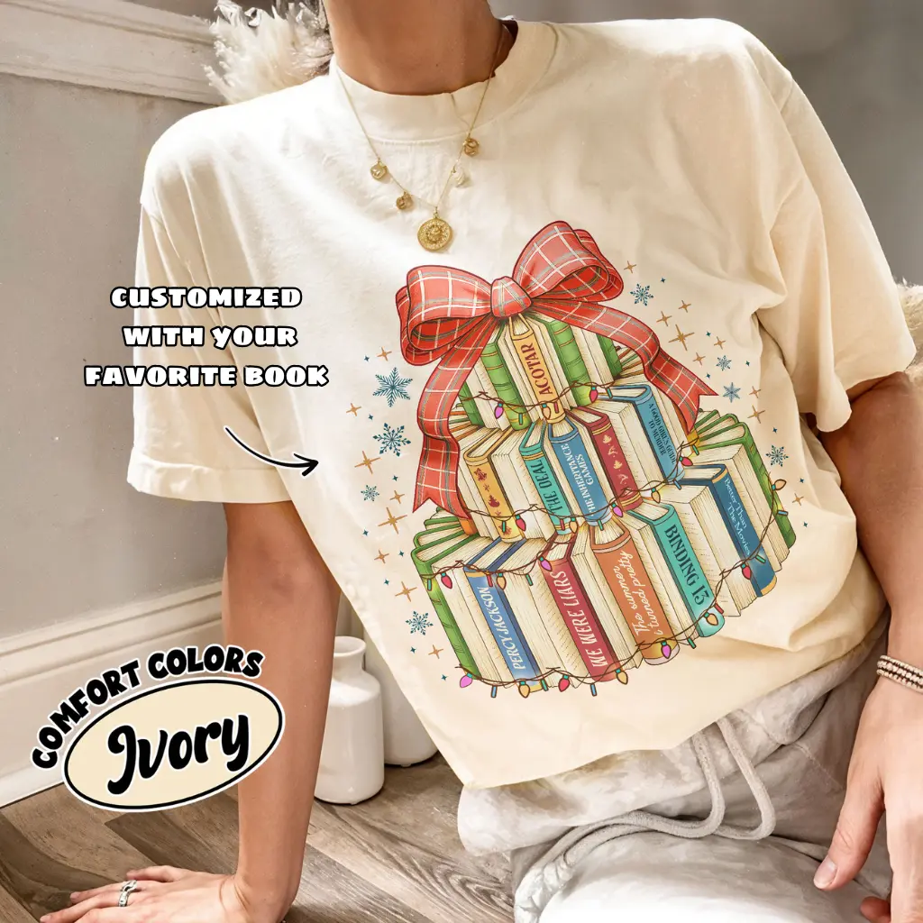 Personalized Christmas Book Tree Shirt, Retro Christmas Reading TShirt, Book Lover Gift,  Librarian Christmas Tee, Custom Favorite Books
