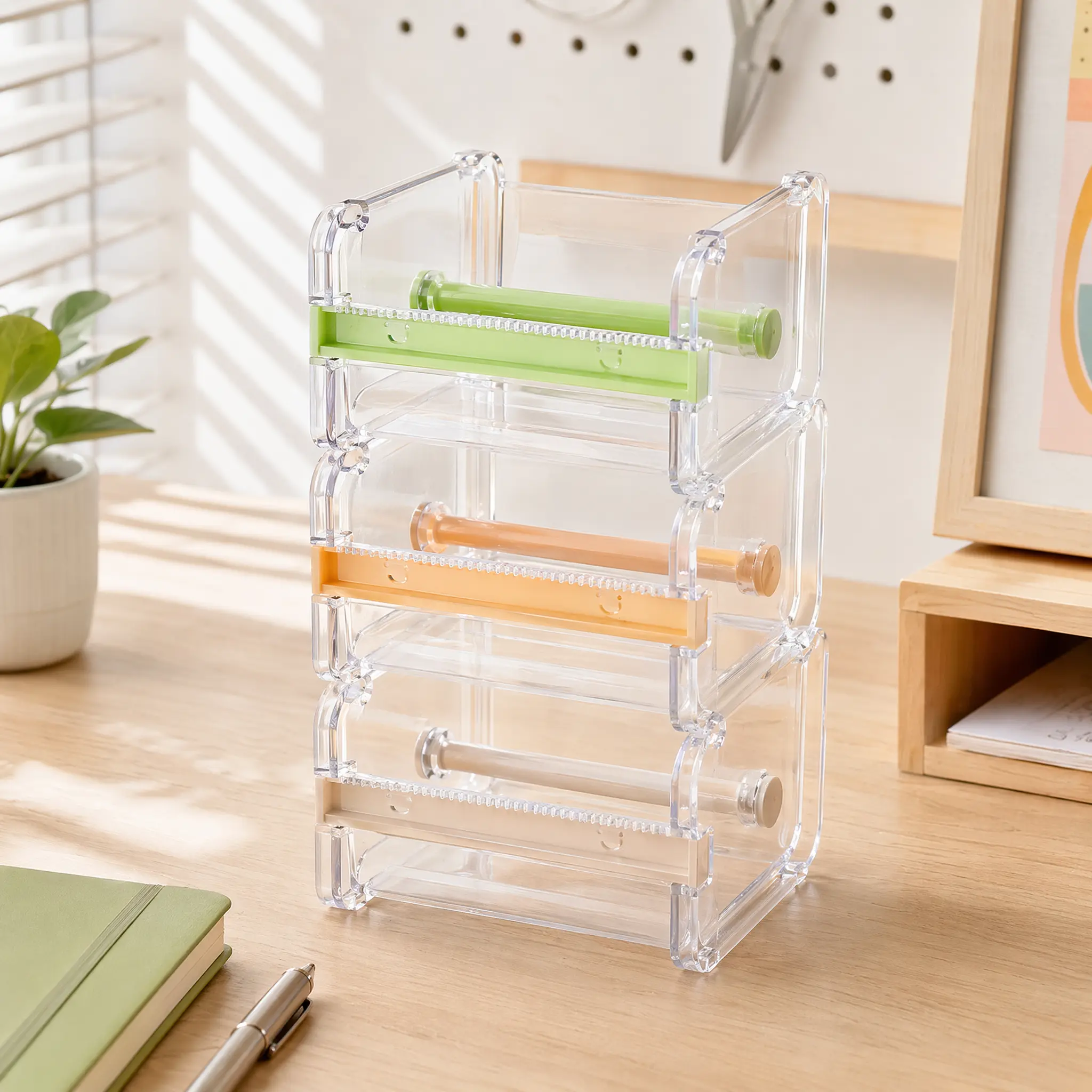 Random Color Washi Tape Cutter Dispenser, 1/3 Count Multifunctional Clear Tape Holder Box, Desktop Stationery Cutting Tool for School Office Classroom Craft Scrapbooking Supplies-MM3