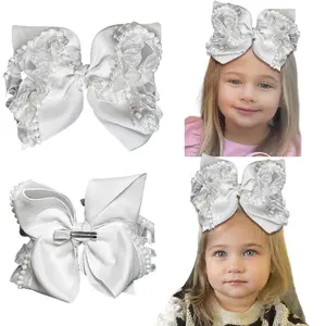 JoyBowie 8-inch Moon Pin Bow White Soft Satin Hair Accessory with Lace Trim for Girls Perfect for Special Occasions and Everyday Wear  Hair Bows Baby Knotted Elastic Headbands