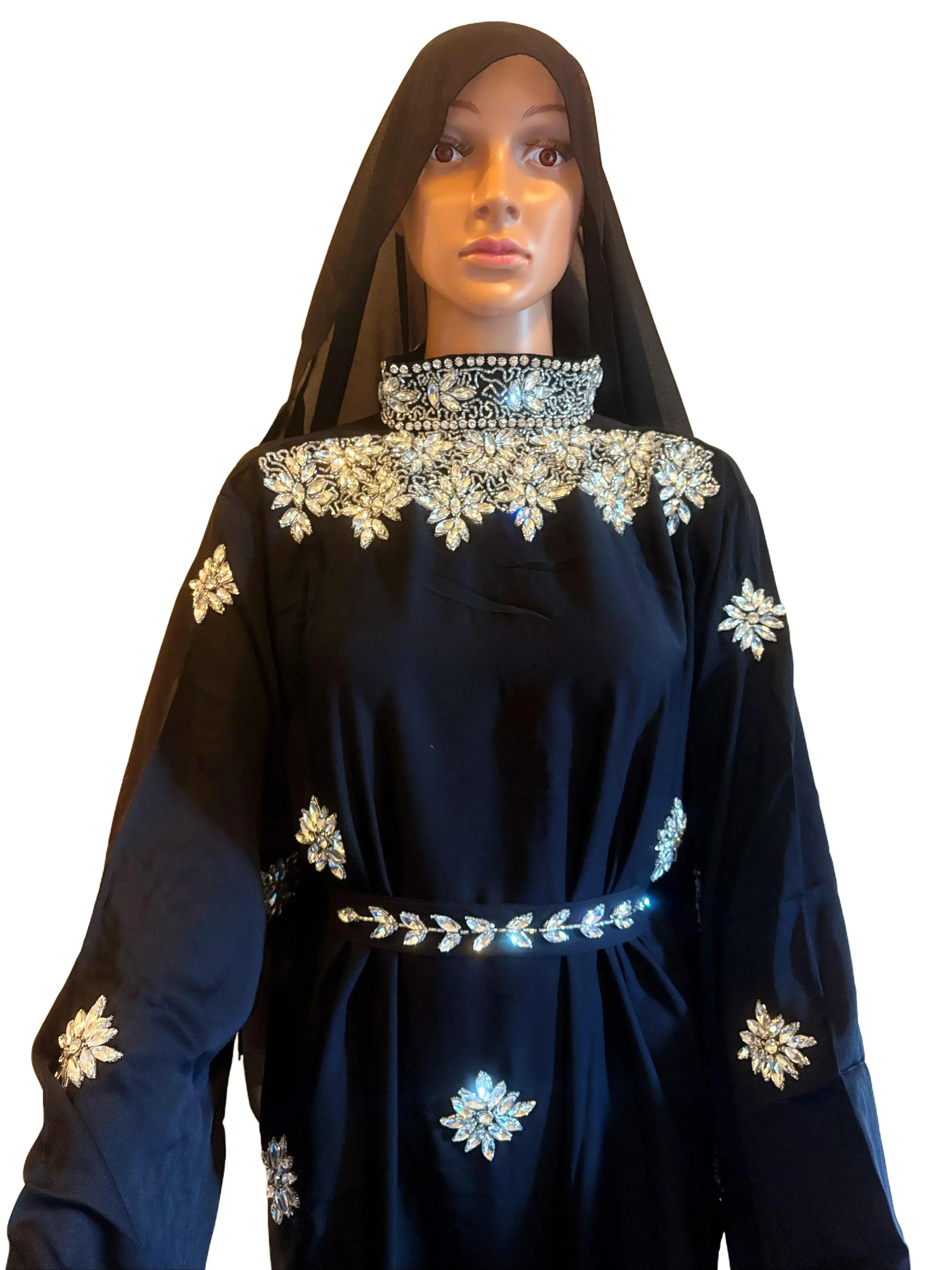 Glamourous Abaya Big Rhinestone Black in Gold & Silver Belt with Crystal Strass All Seasons Fashionable Design