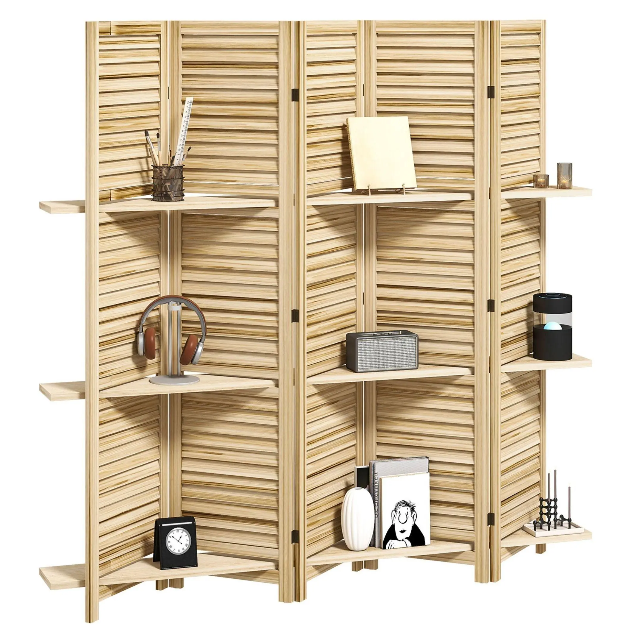 Wood Room Divider 67" Tall 5 Panel Privacy Screen with Shelves - Natural Wood Folding Partition for Home, Office, Bedroom Default Title