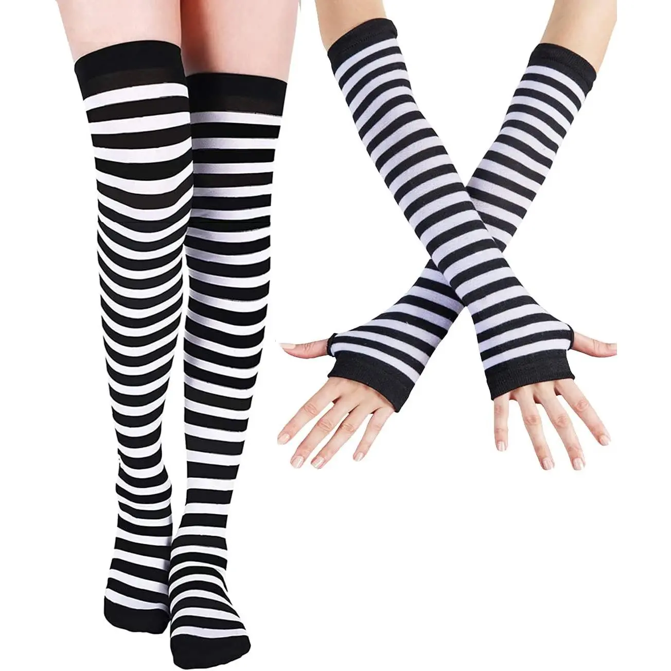 Girls' Rainbow Striped Socks & Gloves Set, Thigh-High Arm & Leg Warmers with Flexible Fit for Sports & Cosplay Wear, Great Choice For Gift-Giving, Over-Knee