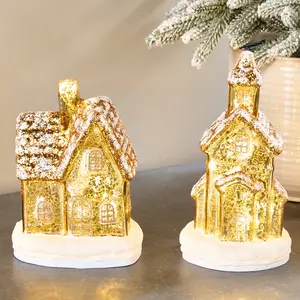 2-Piece Lit Mercury Glass Church and Cottage by Valerie