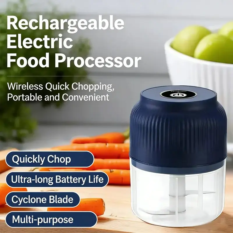 Electric Garlic Chopper - 4 Sharp Blades, 200mL, Compact Portable Home Kitchen Food Processor for Quick Chop of Veggies, Onions, Ginger, Chili, Fruit, Meat, Spices, Beans