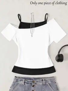 Y2K Contrast Shoulder Cut Out T-Shirt, Fake Two-Piece Short Sleeve Top, American Vintage Street Style, Spring Summer Fashion