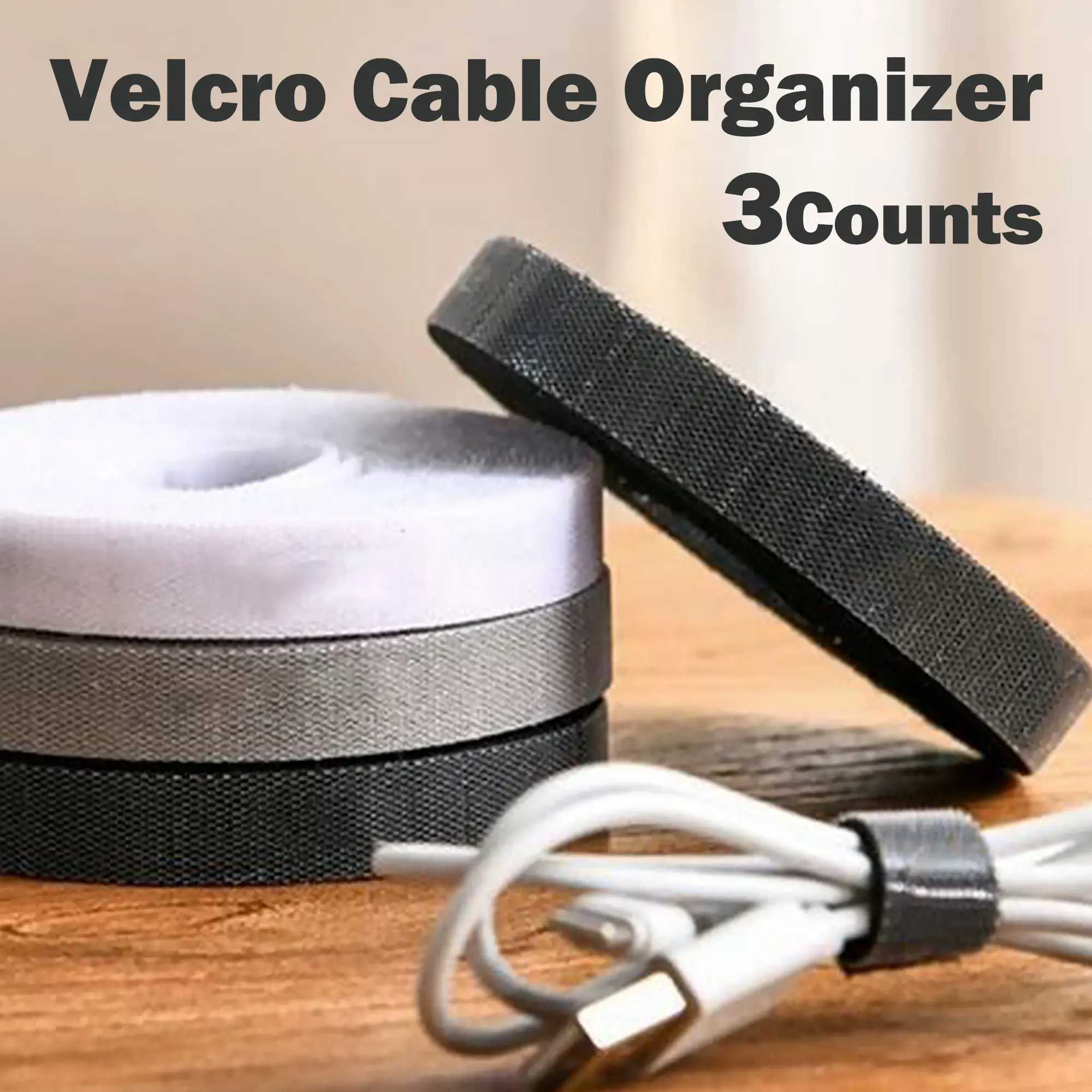Reusable Adjustable Double-Sided Velcro Hook Roll Fastening Tape Cord Ties - Custom-Length, 3-Count Rolls, Grey/Black/White, Home Organization, Cord Clutter Solution, Cable Organizer