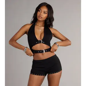 Buckle Up Belted Cutout Crop Top