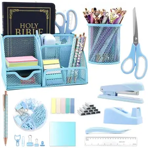 12 in 1 Desk Organizers and Accessories Set, Blue Gifts for Coworkers, Office Supplies Include Stapler Pen Holder Tape Holder Scissors Ruler Staple Remover for Home School
