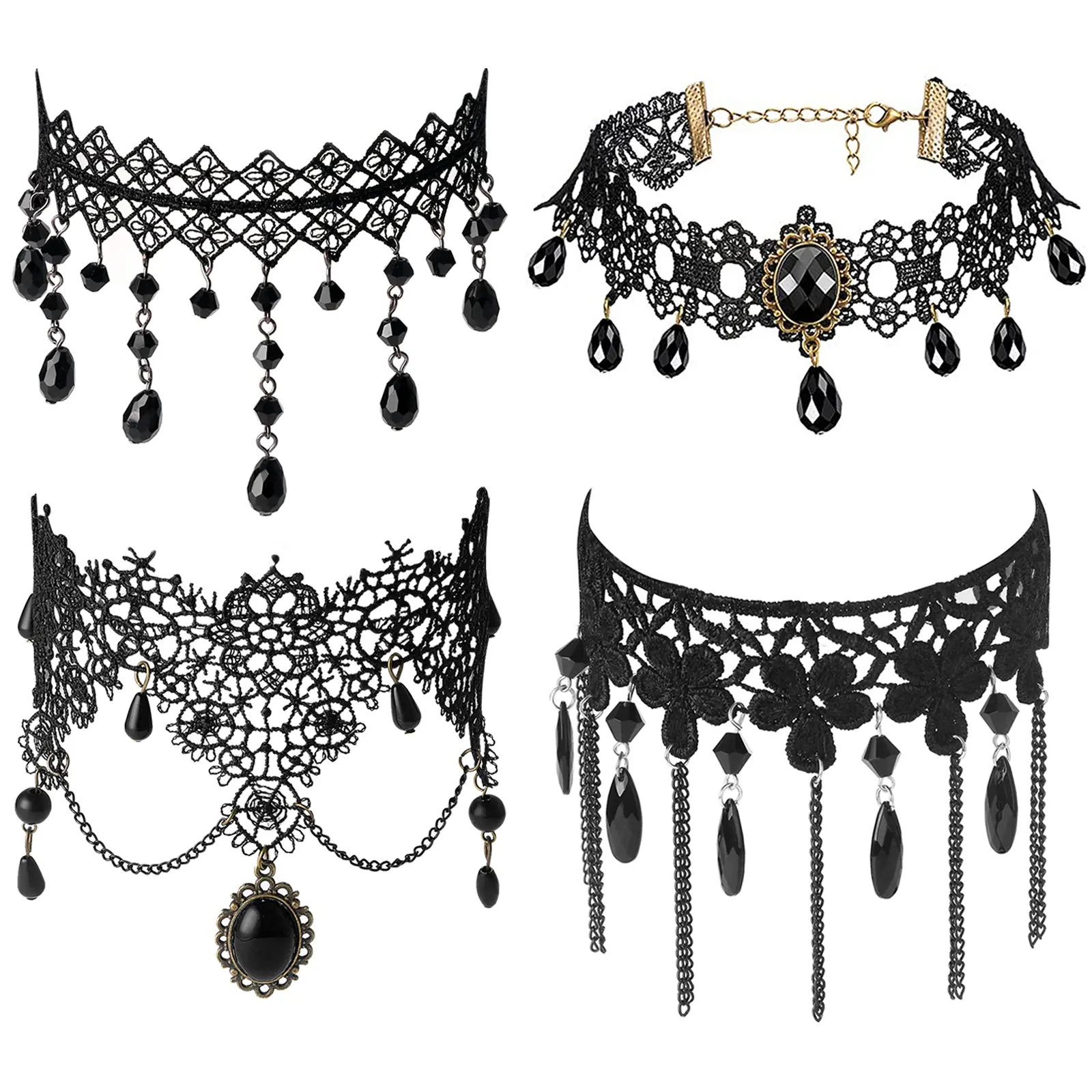 OIDEA Women's 3-PCS Black Lace Multilayer Choker Necklace Set, Gothic Victorian Teardrop Collar, Halloween Cosplay Dark Fantasy Jewelry, Adjustable Extension Chain Necklaces for Women, Adjustable Extension Necklaces