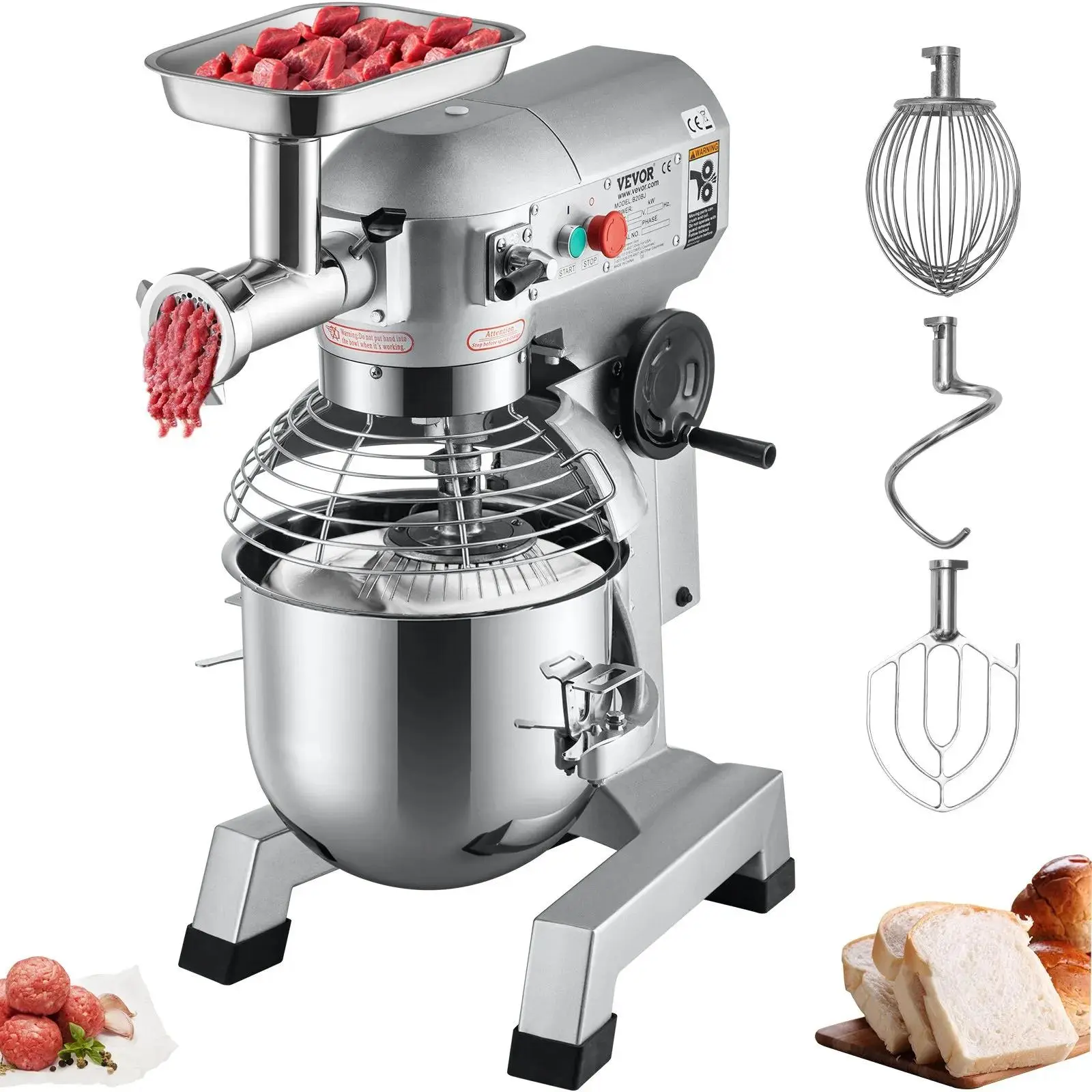 【Summerfinds】VEVOR Commercial Stand Mixer - 20Qt Stainless Steel Bowl, 1100W 2-in-1 Multifunctional Electric Kitchen Supplies with Meat Grinder, 3 Speeds, Turning Wheel, Dough Hook, Whisk, Beater - Ideal for Bakers, Restaurants, Hotels, Versatile, Variabl