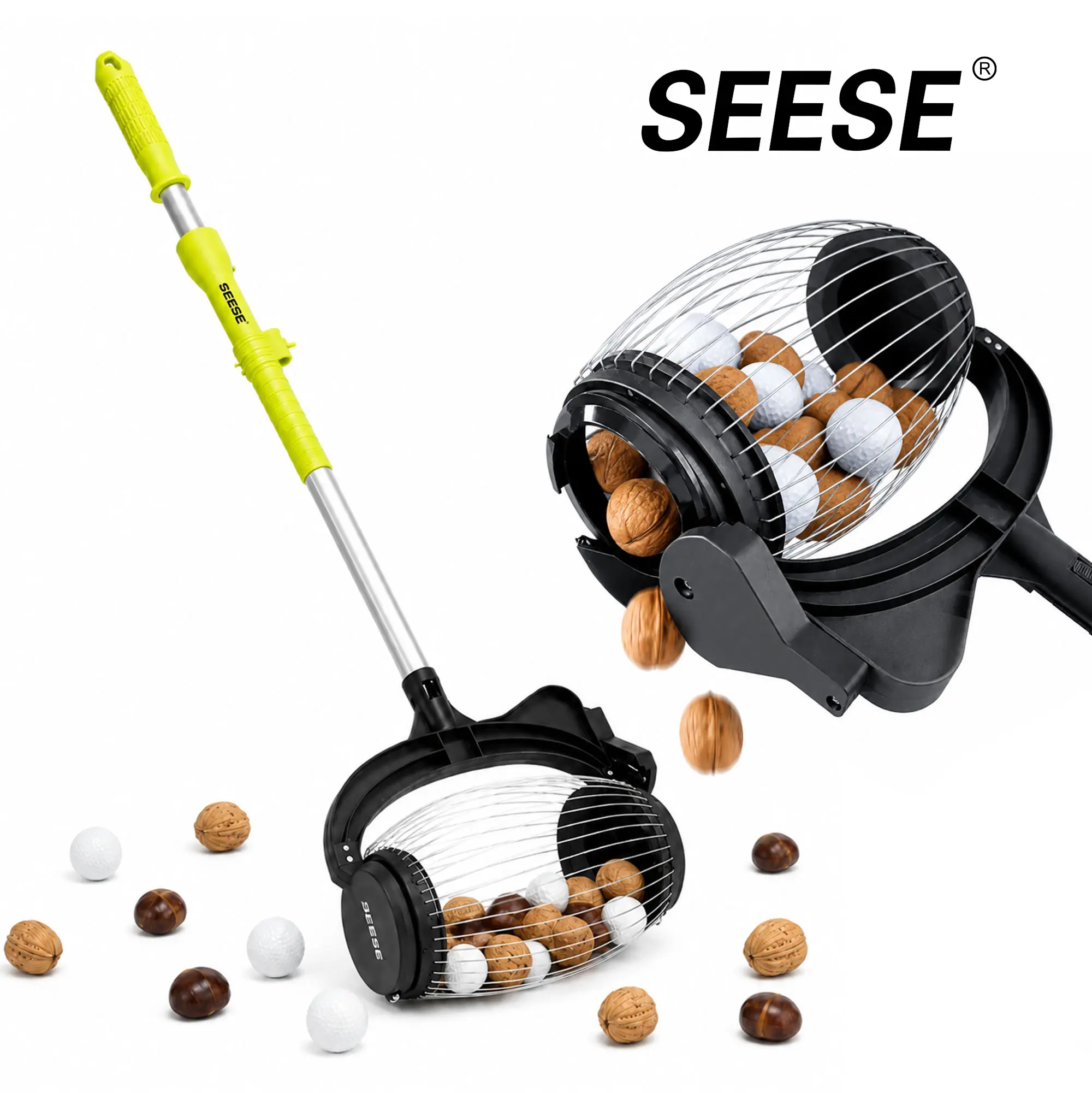 SEESE Nut Gatherer,Acorn Picker Upper,Directly SEESE Nut Gatherer,Acorn Picker Upper,Directly Dump Outlet,1.6 Gallon  | Telescopic Handle, 1''-1.8''Objects Size, Nut Roller Apply Acorns, Pecans, Buckeyes, Hickory Nuts, chestnuts, hazelnuts，Golf Balls back