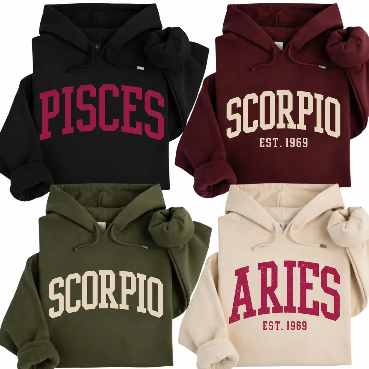 [Custom EST Year or Not EST] Full 12 Zodiac Minimalist Hoodie – Astrology Sign EST Year Sweatshirt for Men Women, Vintage College Style Unisex Pullover, Personalized Zodiac Birthday Gift-DPCLICK