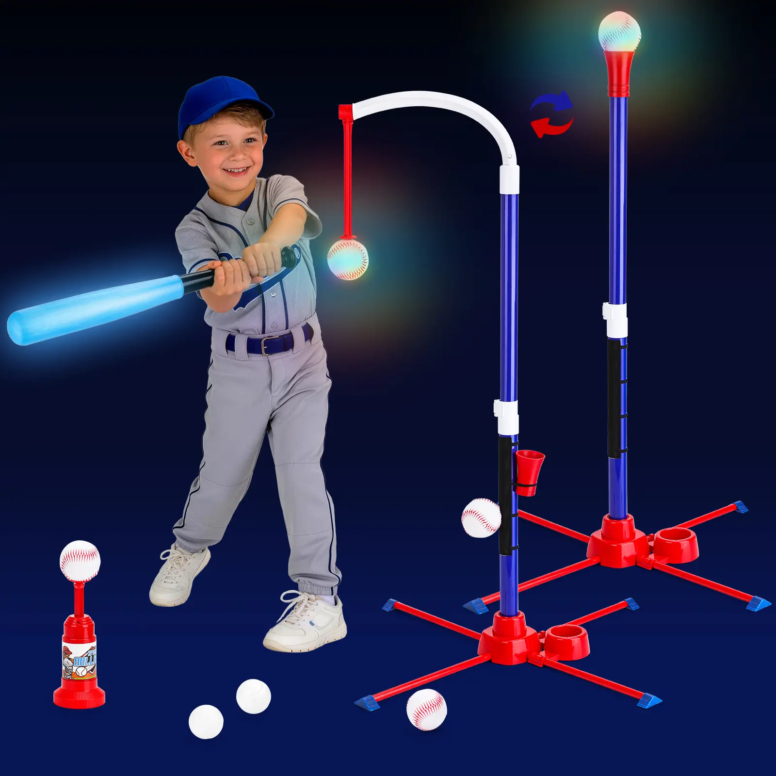 deAO 3-in-1 T Ball Set for Kids 3-5 5-8,  Adjustable Height Hanging Tee with Light, LED T Ball Set, Tball Batting Stand, Ball Launcher, Outdoor/Indoor  Night Baseball Toys,Backyard Sports Gift
