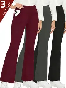 3pcs High-Waisted Flared Yoga Pants Tummy Control Bell-Bottom Women's High-Elasticity Breathable Fabric Pockets for Running Pilates Outdoor Fitness SpringStatements