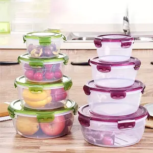 8-Piece Food Storage Containers Set with 4 Bases & 4 Lids, Purple & Green Transparent Design, Microwave Safe Round Bins, Ideal for Fruits, Vegetables, Meat, Bread, Lunch, Bento and Takeaway Use