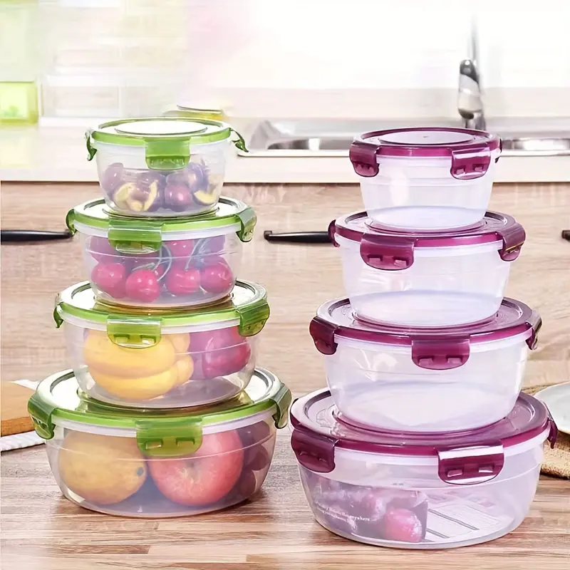 8-Piece Purple & Green Transparent Kitchen Food Storage Containers Set - 4 Bases, 4 Lids, Microwave-Safe Round Bins, Ideal for Meal Prep, Lunch, Bento Use - Purple Kitchen Sets Organiser