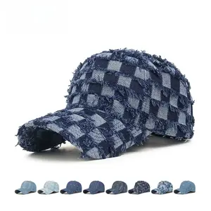 Spring/Autumn Korean-Style Tie-Dye Denim Baseball Cap — Unisex Retro Wide-Brim Hat (Face-Slimming Effect) with Rhinestone-Embellished Checkerboard Pattern