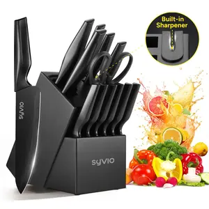 Syvio Kitchen Stainless Steel Utensils Set - Razor-Sharp Blade Set with Storage Block, Sharpener, Heavy Poultry Shears, 6 Serrated Steak Knives, Anti-Slip Handles for Cutting Tasks Sturdy Cutting Aluminium Nonstick