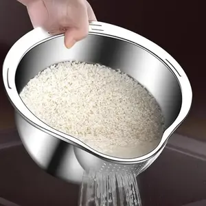 Stainless Steel Rice-Washing Drain Basket, Kitchenware Stainless Steel, Kitchen Strainer for Washing Rice, Fruit and Vegetables, Storage and Organization for Home, Dining and Picnic, Multifunctional Rice Strainer