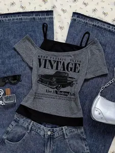 Deep Color College Style Off-Shoulder T-Shirt Set, Layered Halter Top & Guitar Print Shirt, Alternative Fashion Punk Rock Concert Streetwear