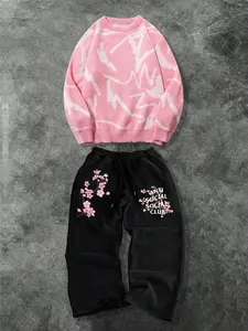 Street Casual Set Unisex Knit Sweater Long Sleeve Top & Floral Printed Pants Two-Piece, Fall Winter Loose Fit Style Fashion Aesthetics Clothes