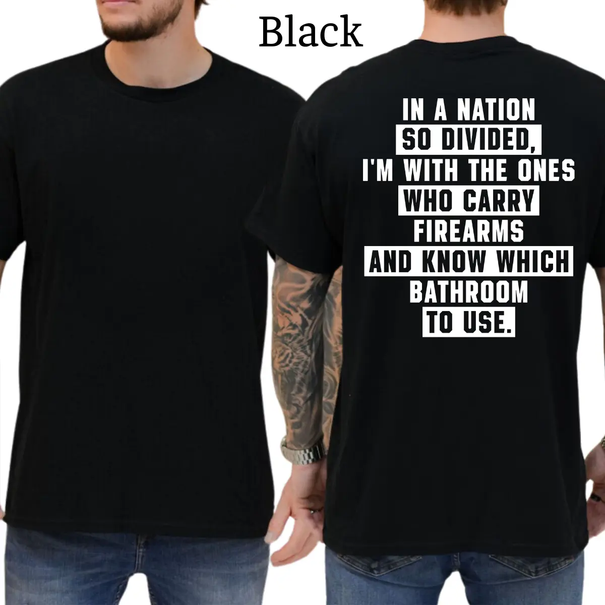 In A Nation So Divided I'm With The Ones Who Carry Firearms And Know Which Bathroom To Use T-Shirt, Patriot Mens Shirts Funny, Conservative Political Graphics Tee, Political Graphics Shirt, Men's Gifts, Casual Menswear, For Men