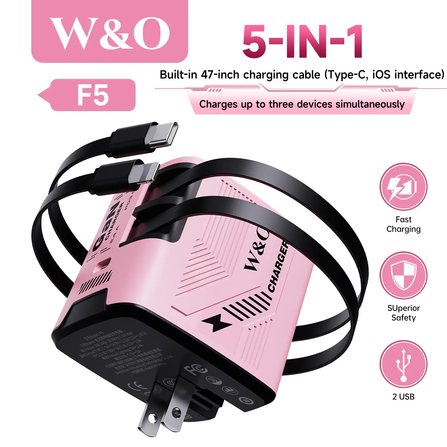 W&O 5-IN-1 GaN Fast Charger with Retractable Cable - 3 Port Fast Charging power bank android phones portable charger iphone 16 pro max case iphone 17 Pro Max 4 1 charging cable tablets mini travel products phone charm Compatible 120W Charger