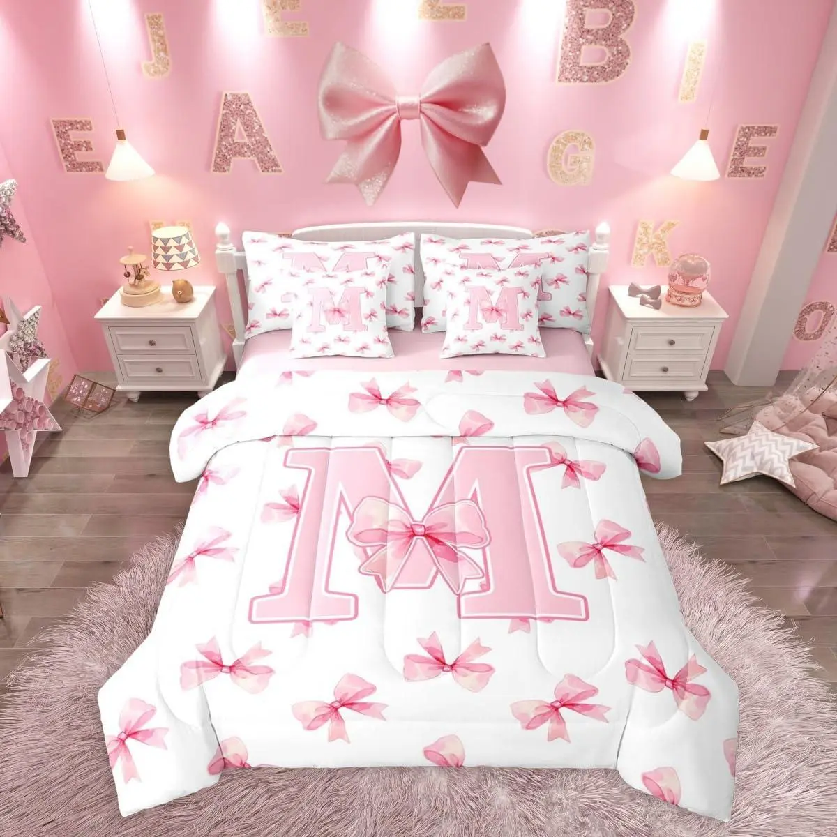 Pink Initial Letter M 7 Pcs Bedding Set,Kawaii Ribbon Bows Bed in a Bag,Romantic Bowknot Bed Set Includes Comforter,Sheet Set,Pillowcases & Pillow Covers,Dreamy Princess Style Bedroom Decor
