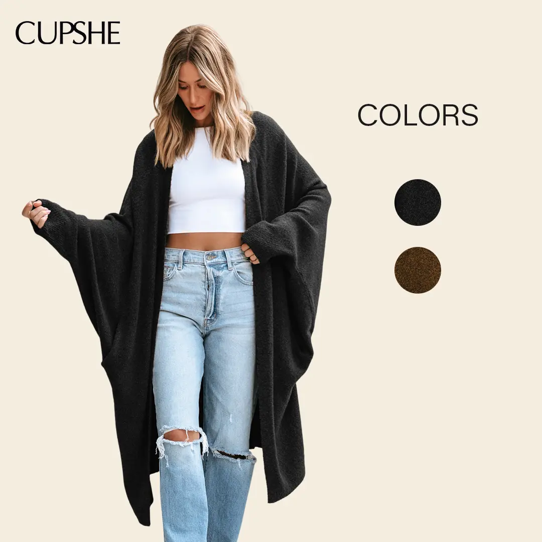 Cupshe Women's Open Front Duster Cardigan, Casual Long Sleeve Knitting Sweater with Dolman Sleeves, Lightweight Fall Clothes, Longline Cardigan