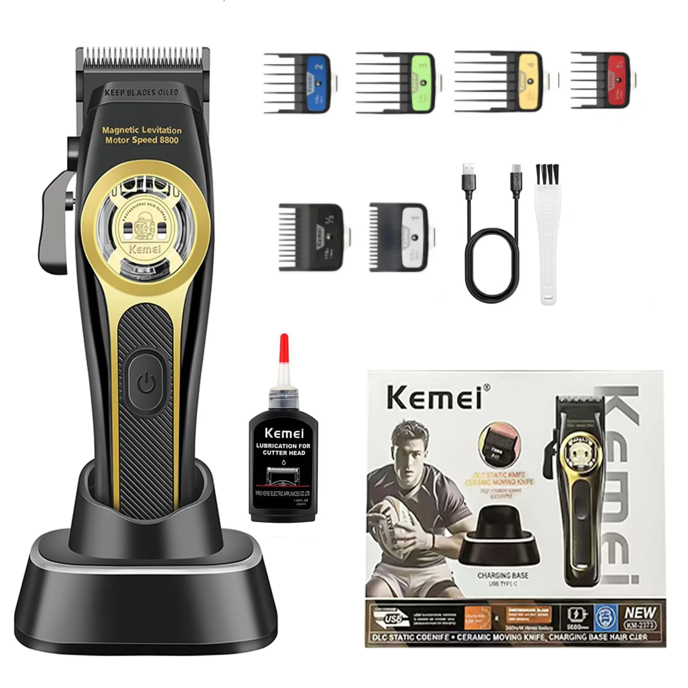 Kemei Professional Cordless High-End Hair Trimmer Magnetic Suspension Motor 8800 Rpm Charging Base Men's Hair Clipper Km-2373 Wireless Barber Clippers Cordless Hair Cutting