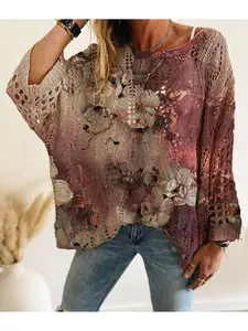 Spring & Summer Off-Shoulder Diamond Cutout Batwing Drop-Shoulder Loose Knit Top. Contrast Flower Print, Long Sleeve, Bohemian & Vacation Style, Casual Elegant Commute. Cover-up for Vests and Bikinis. Lady Womenswear