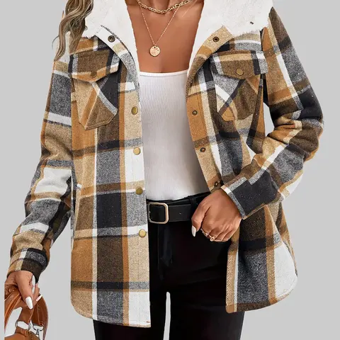 ZEAGOO Women's Plaid Flannel Fleece Shacket - Loose Boyfriend Fit Women's Clothes, Long Sleeve, Button Closure, Hooded, Cropped Garment, Warm Fabric, Stylish Everyday Top,sohochic